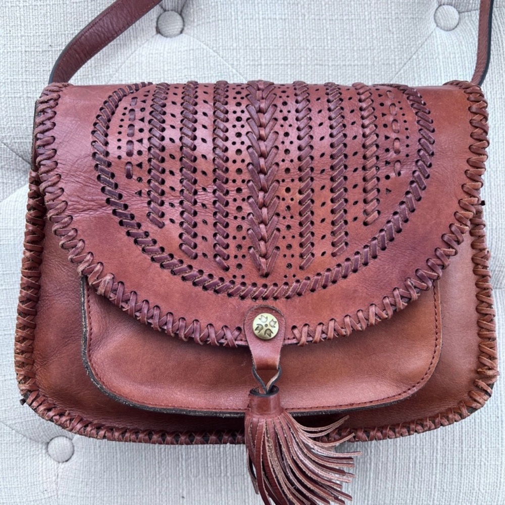 Patricia Nash Barattoli Braided Perf Leather Crossbody – Tan Brown Tassel